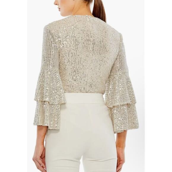 Mac Duggal NWD Size Small Nude Silver Ruffle 3/4 Sleeve Sequin Bodysuit R26822 - Picture 2 of 7